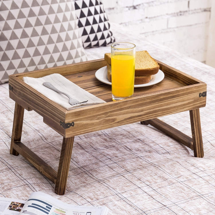 Rustic Dark Brown Wood Breakfast Serving Tray with Foldable Legs