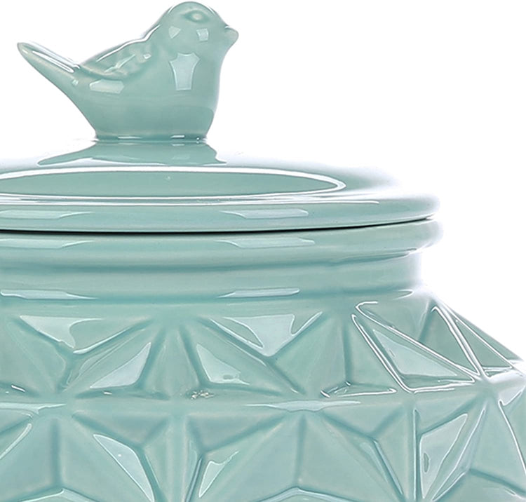 Turquoise Vintage Ceramic Kitchen Flour Canister, Cookie Jar with Star Design & Bird Topped Lid-MyGift