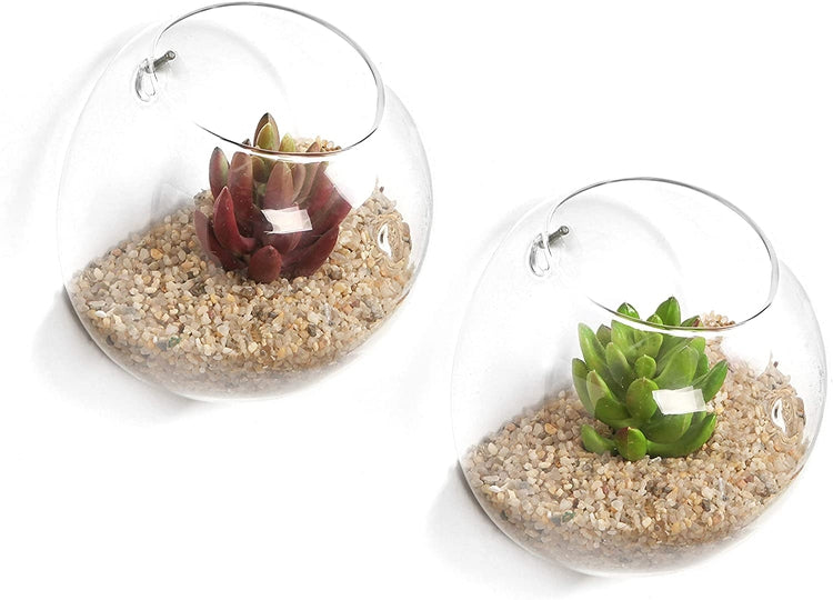 Set of 2, Wall Mounted Clear Glass Terrariums, Air Plant Globes, Hanging Candle Display Bowls-MyGift