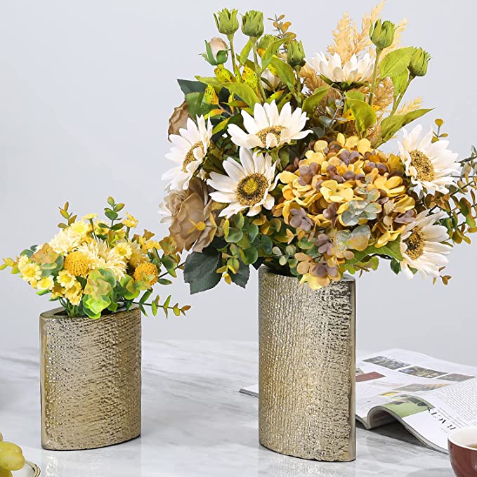 Gold Tone Oval Flower Planter Pot with Metallic Linen Pattern Design, Set of 2