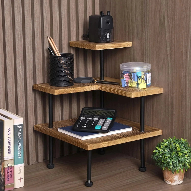 Corner Bathroom Organizer Storage Tower 3 Shelves Bamboo Black Metal