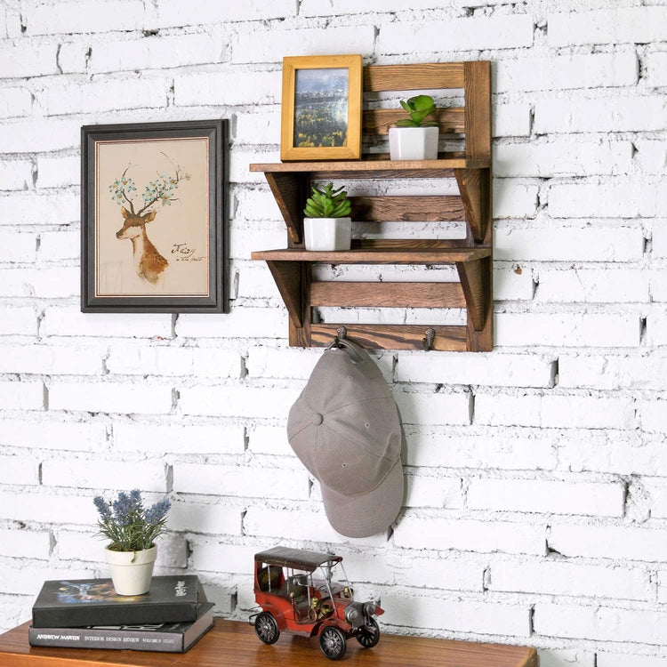 MyGift Wall Mounted Dark Brown Wood 2-Tier Floating Shelves with 2 Key Hooks, Storage Rack for Bathroom, Kitchen, Bedroom, Living Room