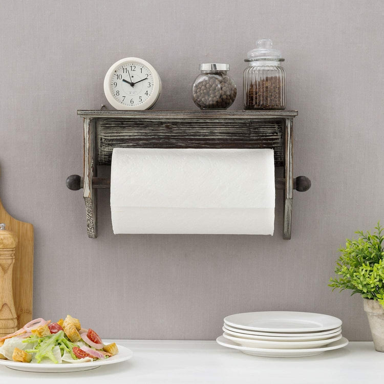Wall-Mounted Torched Wood Paper Towel Holder with Display Shelf