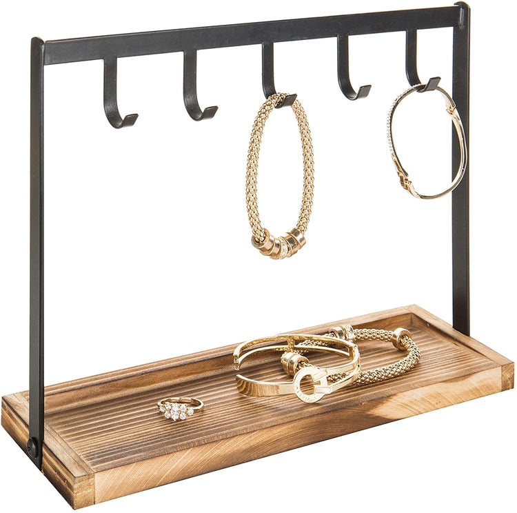 5-Hook, Burnt Wood and Black Metal Tabletop Key Holder, Jewelry Organizer Rack-MyGift