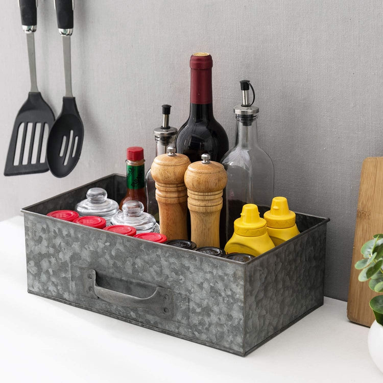 Silver Galvanized Metal Decorative Storage Crate, Organizer Box with Handle-MyGift
