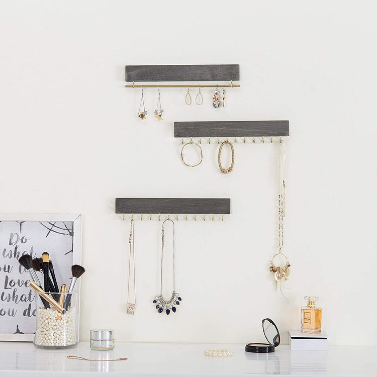 6 Piece Wall Mounted Jewelry Rack with Earring Bar and hooks, Vintage Grey Wood Organizer Set-MyGift