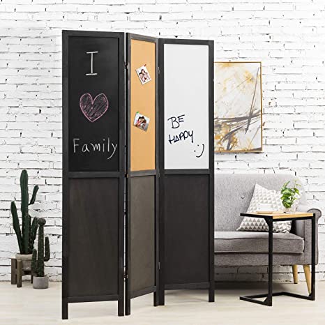Room Divider Privacy Screen with Double-Sided Chalkboard Whiteboard and Cork Bulletin Board, 3 Panel Black Wood Room Divider