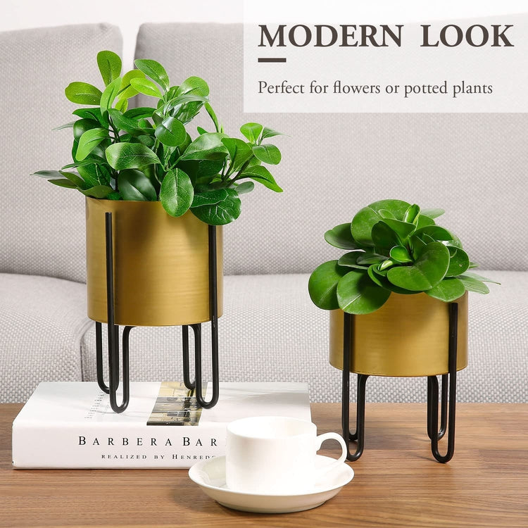 2 Piece Metal Decorative Gold Planter with Wire Loop Feet Stand