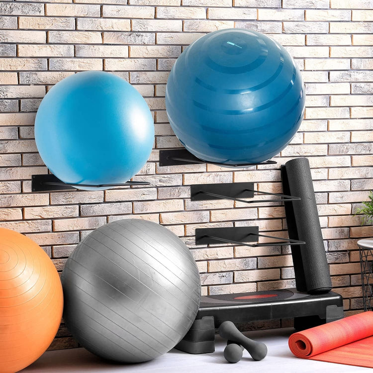 Set of 4, Black Metal Wire Wall Mounted Large Stability Ball Storage Rack, Yoga Gym Exercise Equipment Organizer