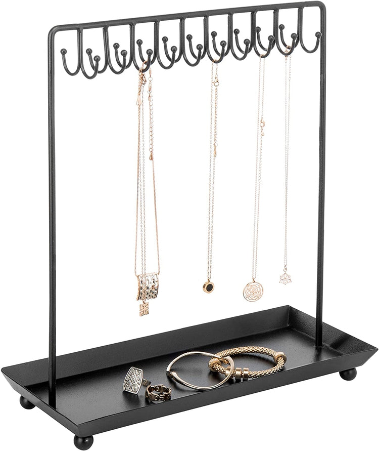 Tabletop Black Metal Jewelry Display Stand with 20 Necklace Hook and Ring & Bracelet Tray-MyGift