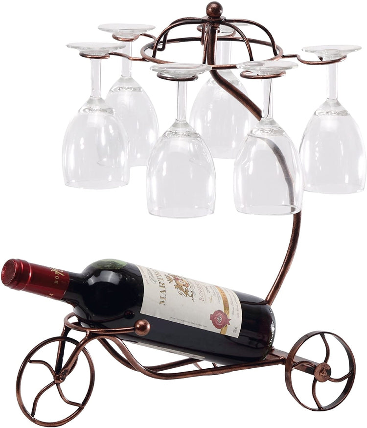 Vintage Parisian Style Bronze Tricycle Wine Display Rack, 6 Wine Glass and Bottle Organizer Stand