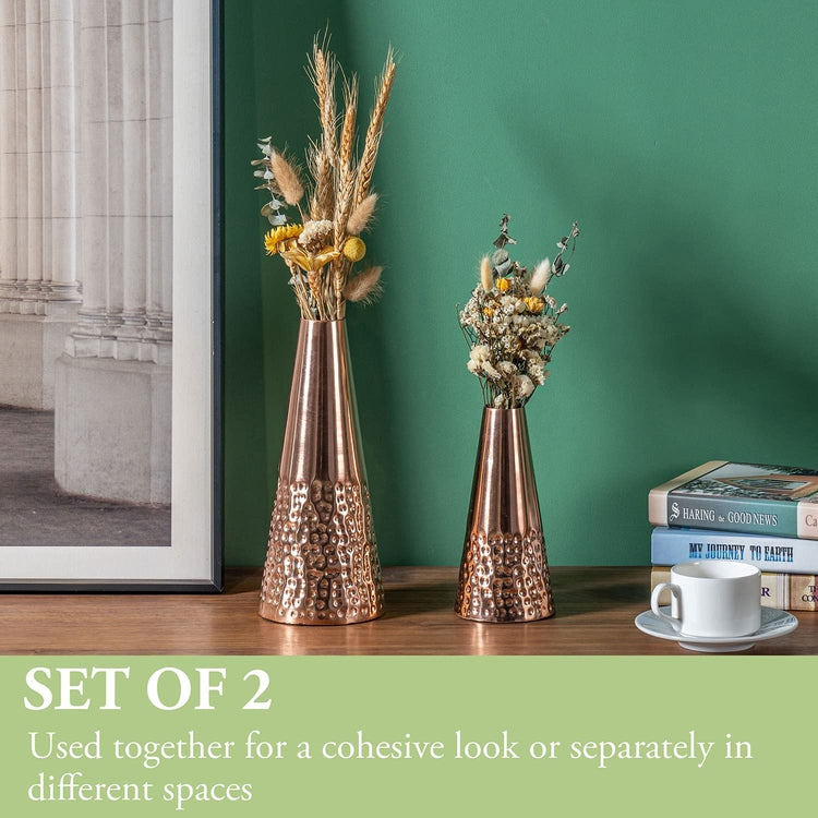 Copper Tone Metal Tapered Flower Vases with Hammered Pattern, Handcrafted Decorative Vase for Floral Arrangements