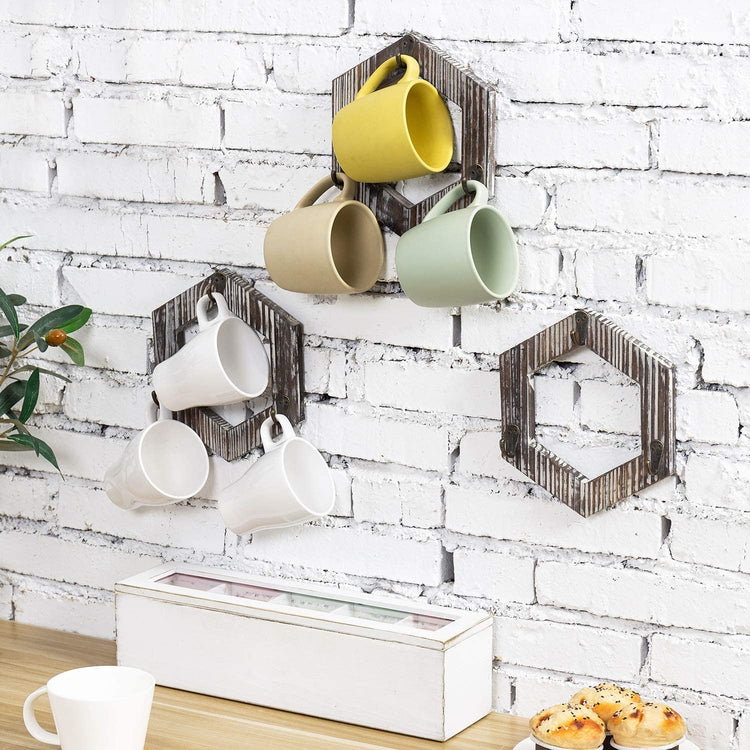 Set of 3, 3-Hook Brown Torched Wood Geometric Hexagon, Wall Mounted Coffee Mug Holder Rack-MyGift