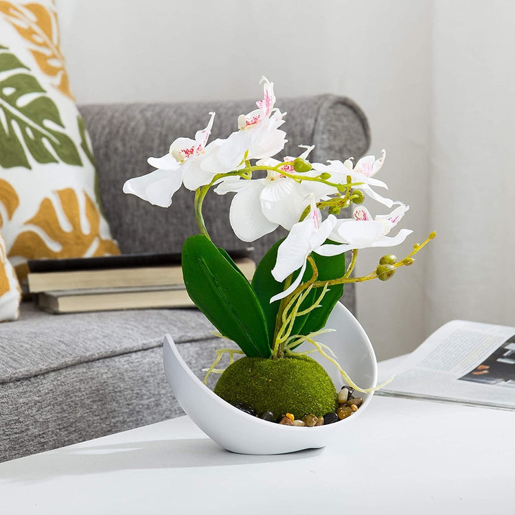 Modern Artificial Flower Decoration, Synthetic Orchids with Sleek Curved White Planter-MyGift