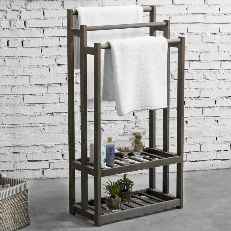 3-Tier Gray Wood Towel Rack with 2 Bottom Storage Shelves-MyGift
