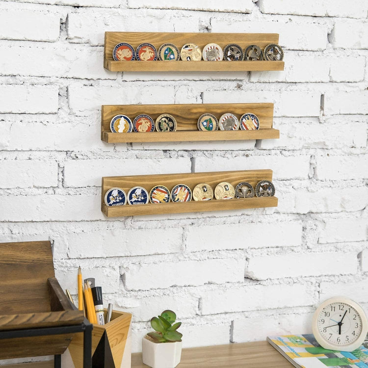 Set of 3, Brown Burnt Wood Challenge Coin Holder, Casino Chip Display Wall Shelf Rack-MyGift