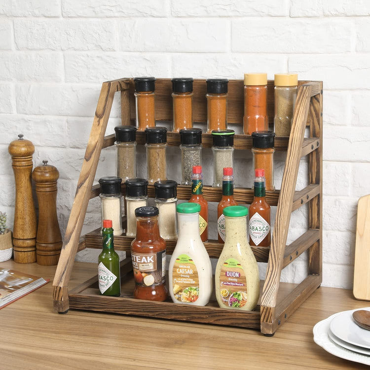 Rustic Dark Brown Wood Countertop Step 4-Tier Spice Jar Holder Display Rack-MyGift