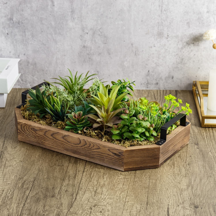 Assorted Artificial Plants Arrangement Tabletop Centerpiece in Burnt Wood Octagonal Tray with Black Metal Handles-MyGift