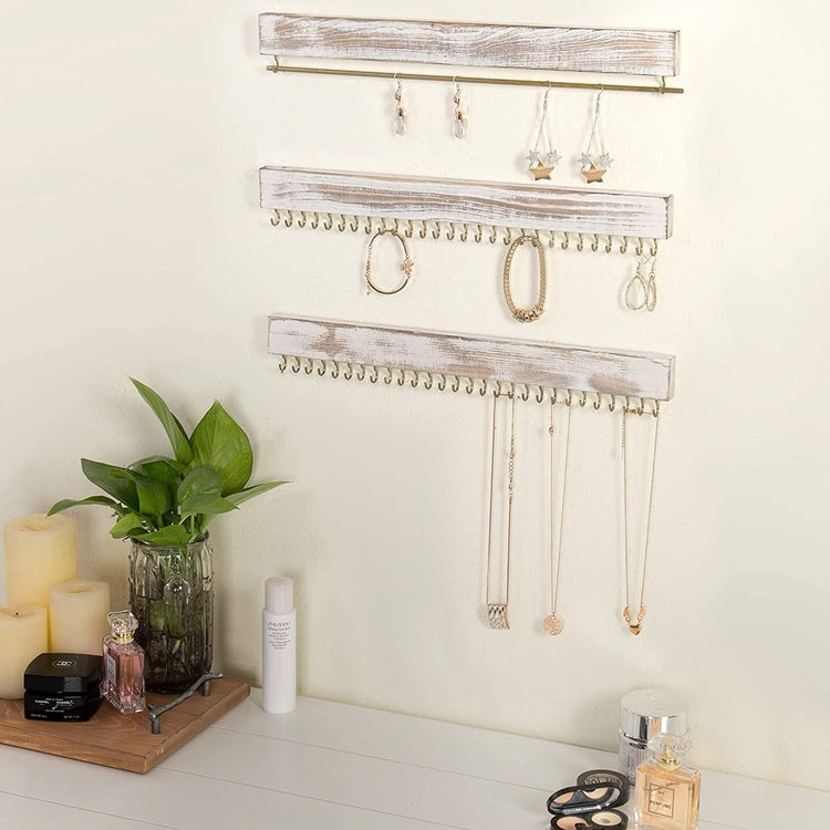 Set of 2, 3-Piece Wall Mounted Rustic Whitewashed Wood Jewelry Racks-MyGift