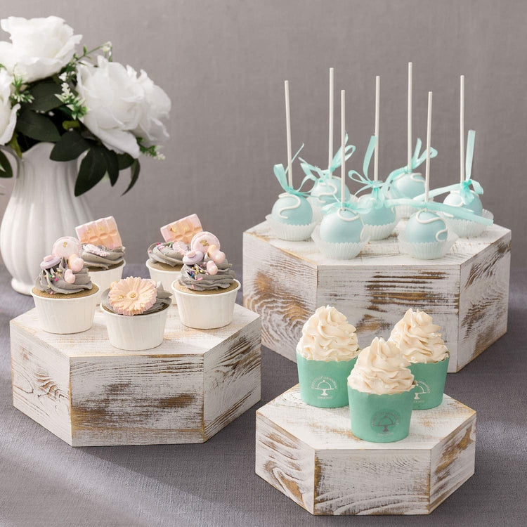 Whitewashed Wood Hexagonal Display Riser Stands for Desserts and Merchandise, Set of 3