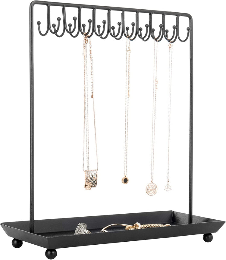 Tabletop Black Metal Jewelry Display Stand with 20 Necklace Hook and Ring & Bracelet Tray-MyGift