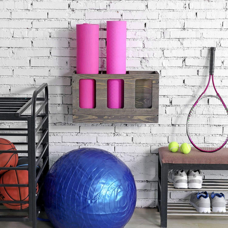 Wall Mounted Fitness Foam Roller Holder, Yoga Mat Floor Storage Rack, Gray Wood