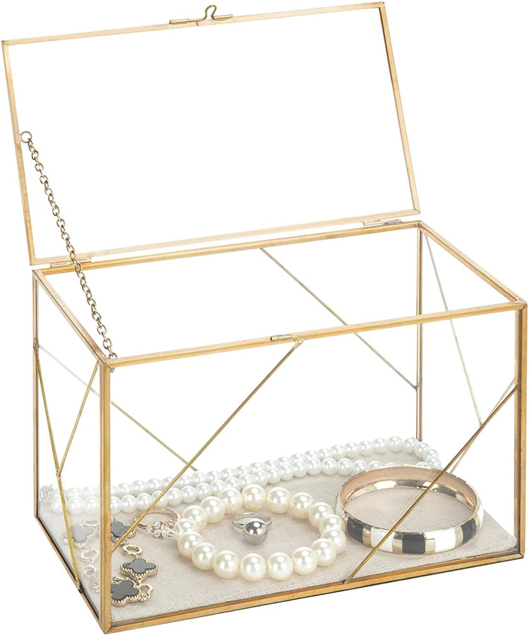 Geometric Glass and Brass Shadow Box, Jewelry Display Case, Wedding Card Holder-MyGift