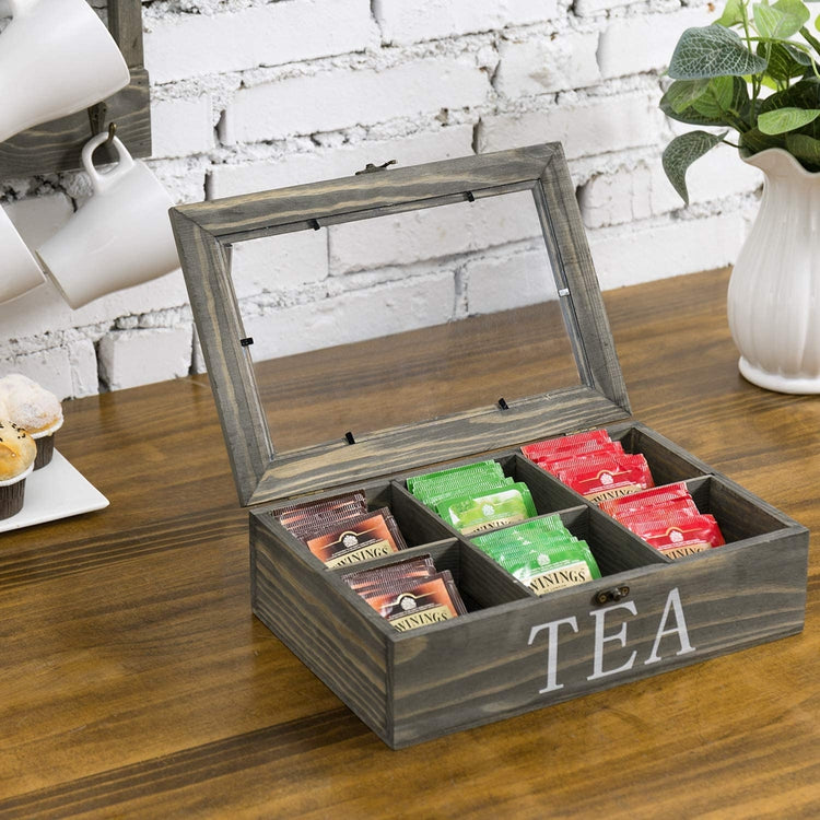 6-Compartment Vintage Gray Wood Tea Bag Storage Box with Clear Lid and Hinge Lock