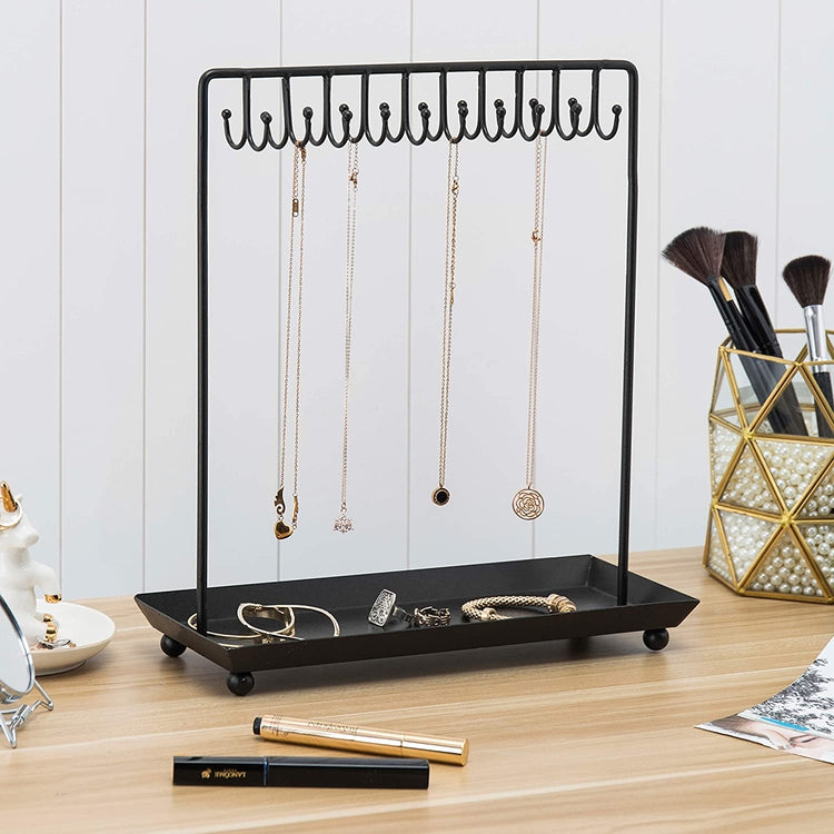 Black Metal Jewelry Display Stand with 20 Necklace Hook and Ring & Bra –  MyGift