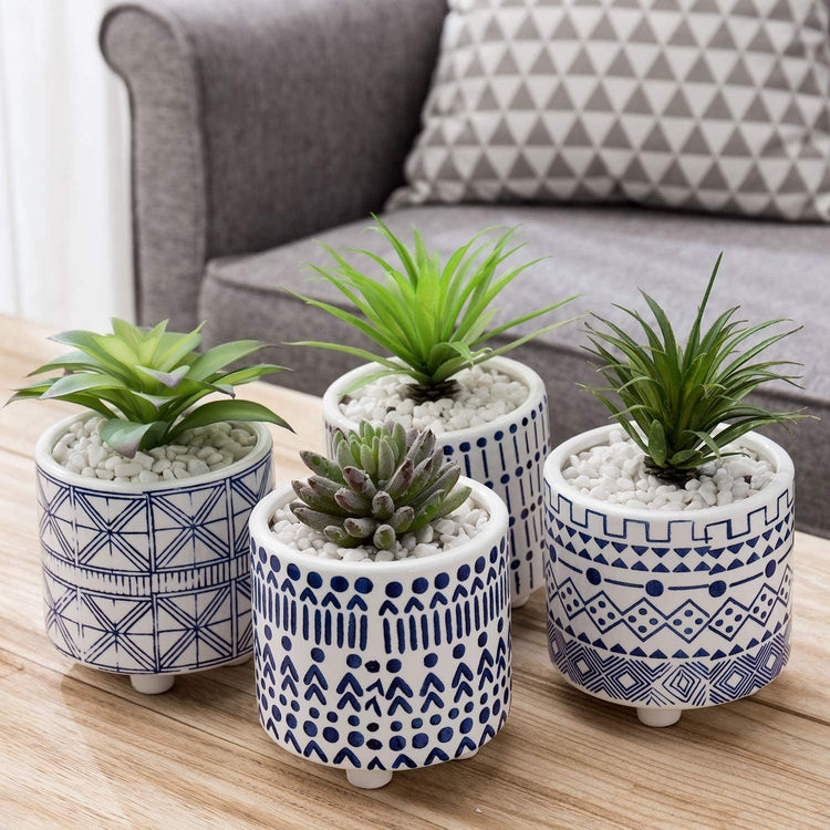 Set of 4 Mediterranean Style Blue and White Ceramic Footed Planter Pots-MyGift