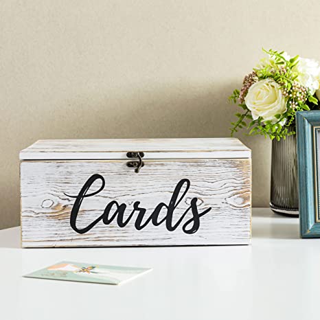 Shabby Whitewashed Wood Gift Card Box with Slotted Lid, Antique Hinge Latch & Cursive Cards Lettering-MyGift