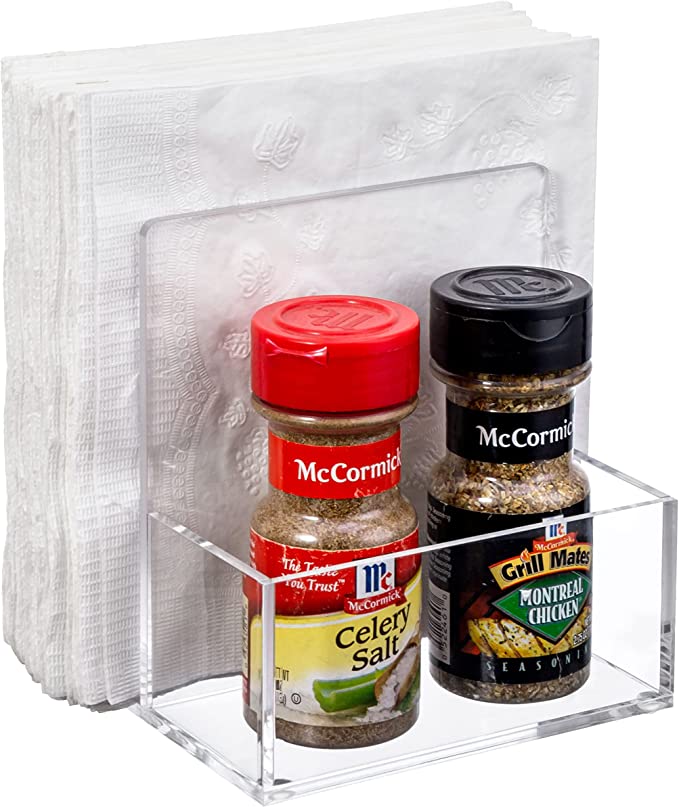 Tabletop Modern Clear Acrylic Kitchen Napkin Caddy with Salt and Pepper Shaker Holder-MyGift