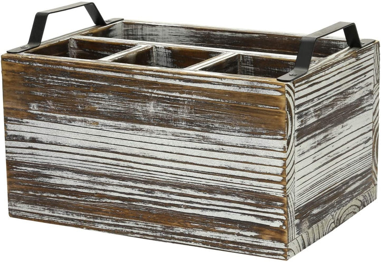Rustic Torched Wood 4-Compartment Utensil and Napkin Dispenser Holder Caddy with Black Metal Handles-MyGift
