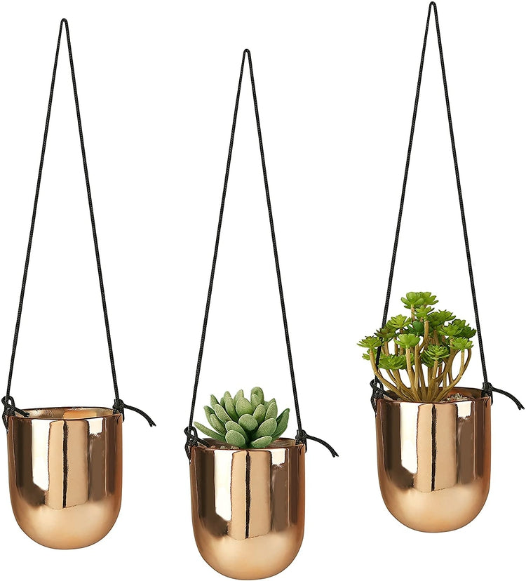 Set of 3 Metallic Copper-Tone Ceramic Hanging Planters-MyGift
