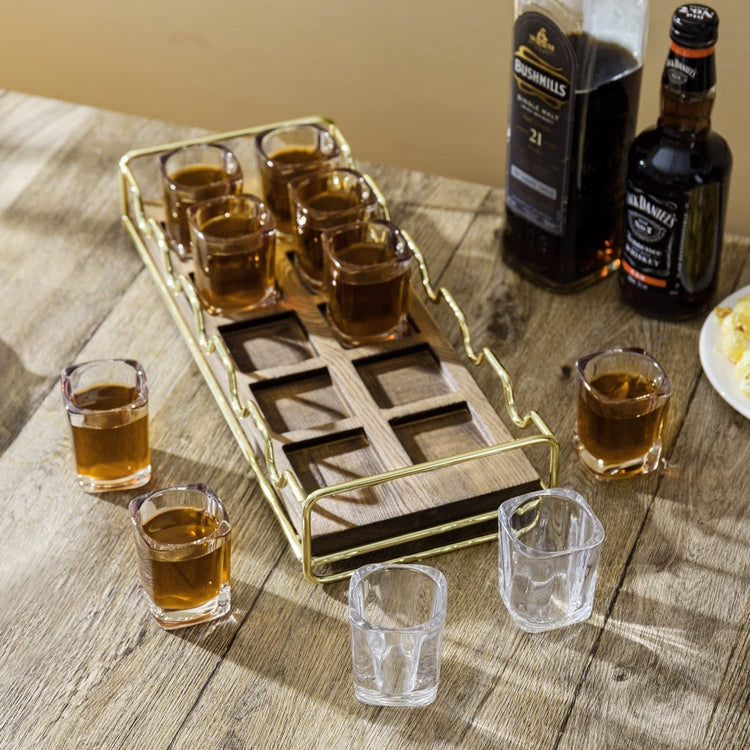 Shot Glass Tray Serving Set, Burnt Wood and Brass Tone Metal Glasses Holder with 10 Glasses, Tasting Flight Glasses Set-MyGift