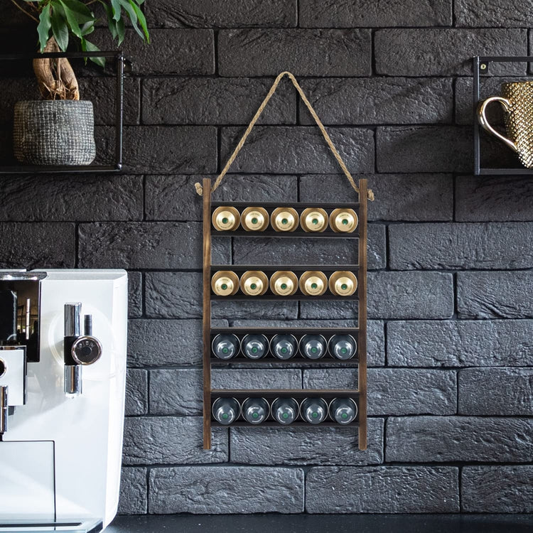 Wall Hanging Burnt Wood Coffee Pod Capsule Holder Rack with Tiered Black Metal Rung Sliding Storage and Rope Accent
