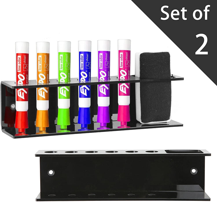 Set of 2 Black Acrylic 6 Slot Dry Erase Marker and Eraser Holder Wall Mountable Organizer Rack