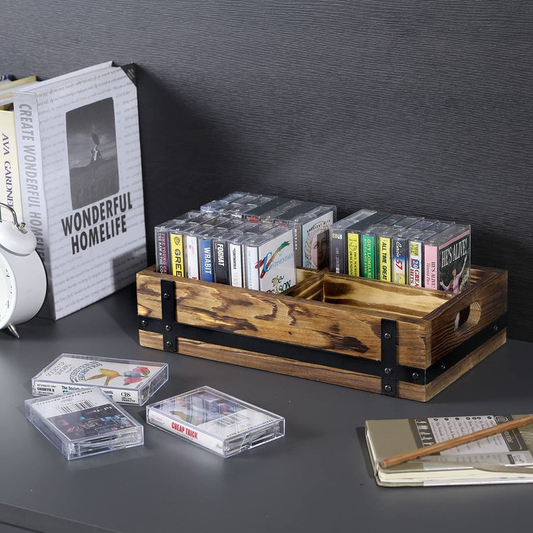 Torched Wood Retro Audo Cassette Tape Storage Box Wth Matte Black Metal Bracket Accents