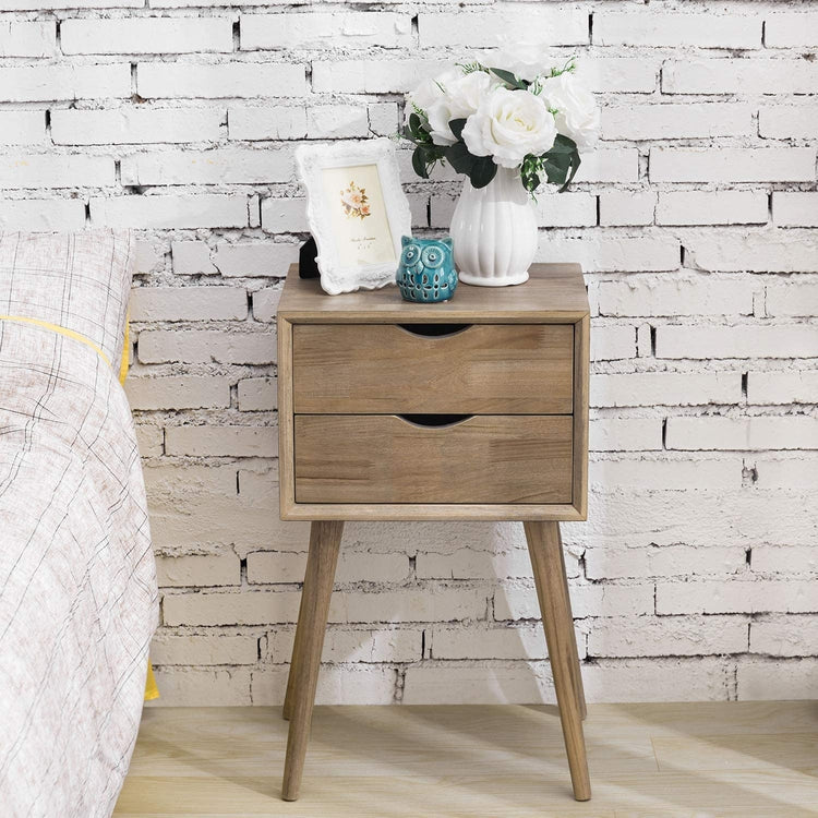 Light Brown Solid Wood Dual Drawer Nightstand-MyGift