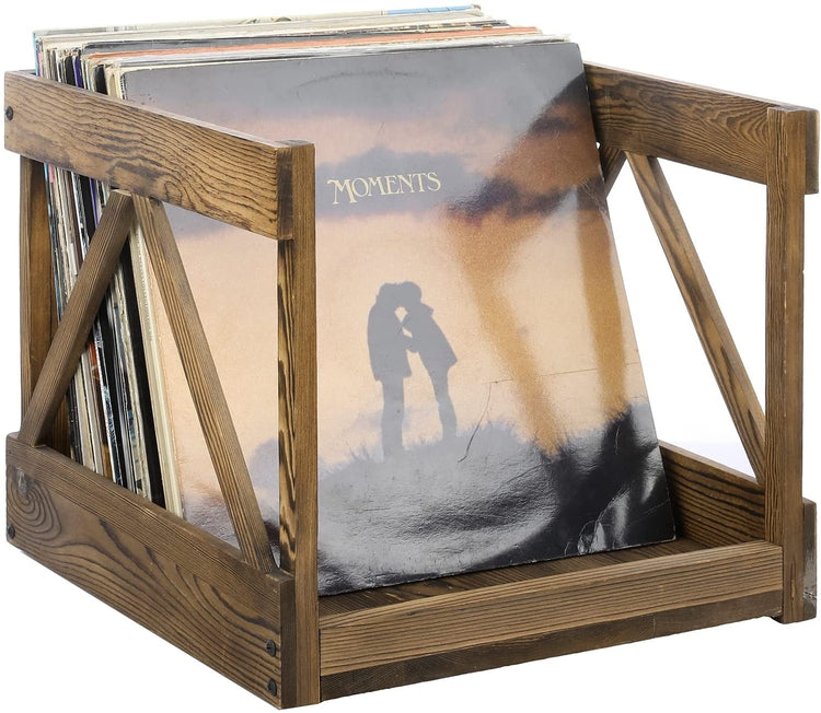 Rustic Dark Brown Wood Vinyl LP Record Storage Crate, Album Holder Organizer Container-MyGift