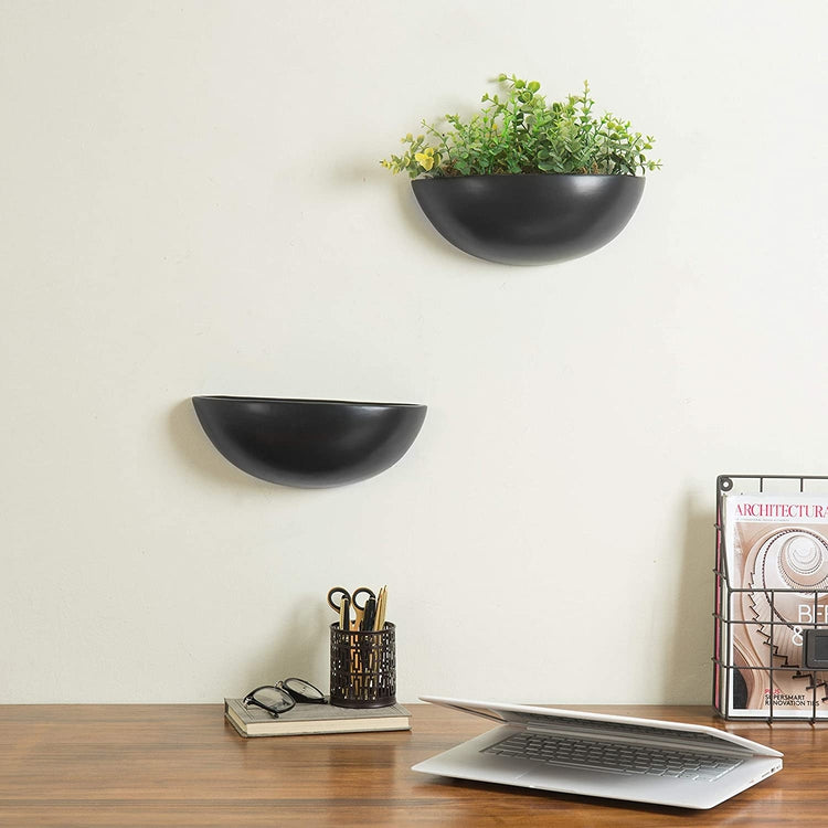 Set of 2, 12 Inch Matte Black Ceramic Half-Moon Wall Mounted Planter-MyGift