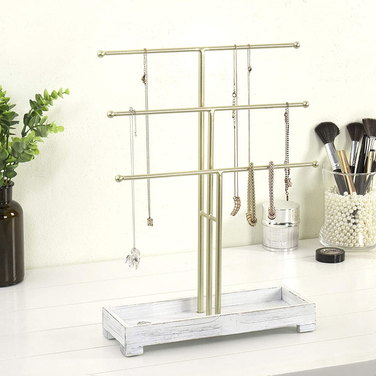 3 Tier Silver-Tone Jewelry Stand with Necklace Hanger and Vintage White Ring Tray