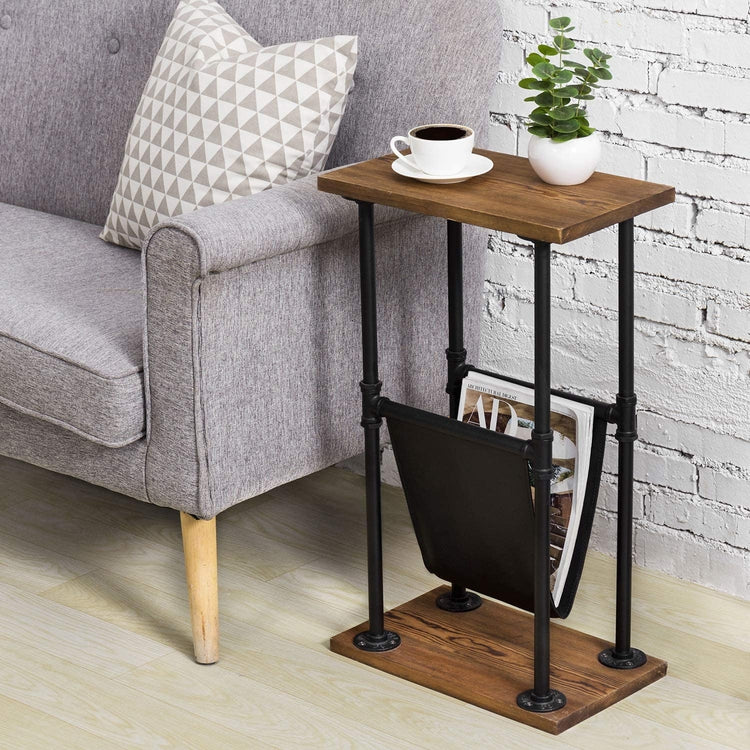 Industrial Metal Pipe and Dark Brown Burnt Wood Side Table with Leatherette Magazine Sling Holder-MyGift