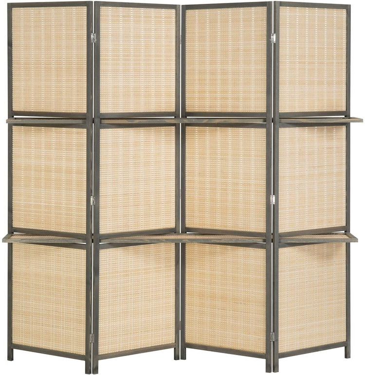 4-Panel Deluxe Woven Bamboo Dark Gray Room Divider with Removable Storage Shelves-MyGift