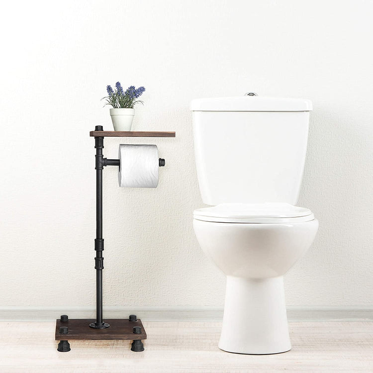 Black Metal Industrial Pipe and Rustic Wood Toilet Paper Roll Holder Stand with Wooden Shelf