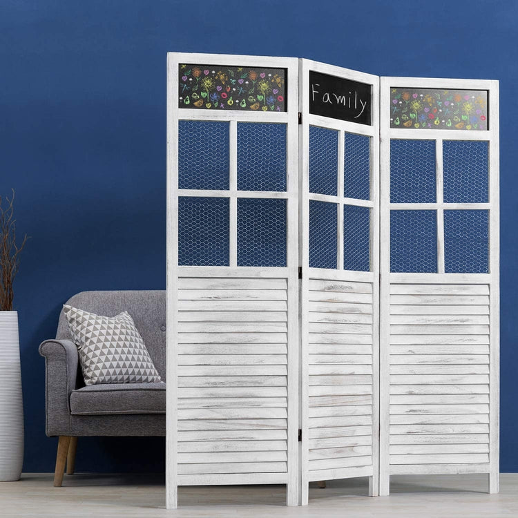 3-Panel White Distressed Room Divider with Chicken Wire and Chalkboard Panels-MyGift