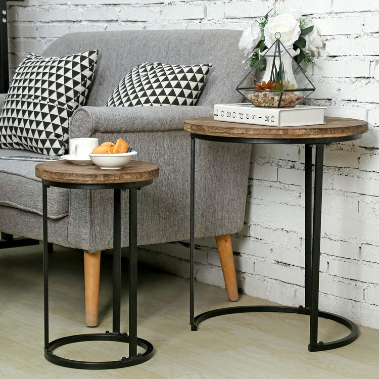 Set of 2, Brown Reclaimed Wood and Matte Black Metal Round Nesting End Tables-MyGift