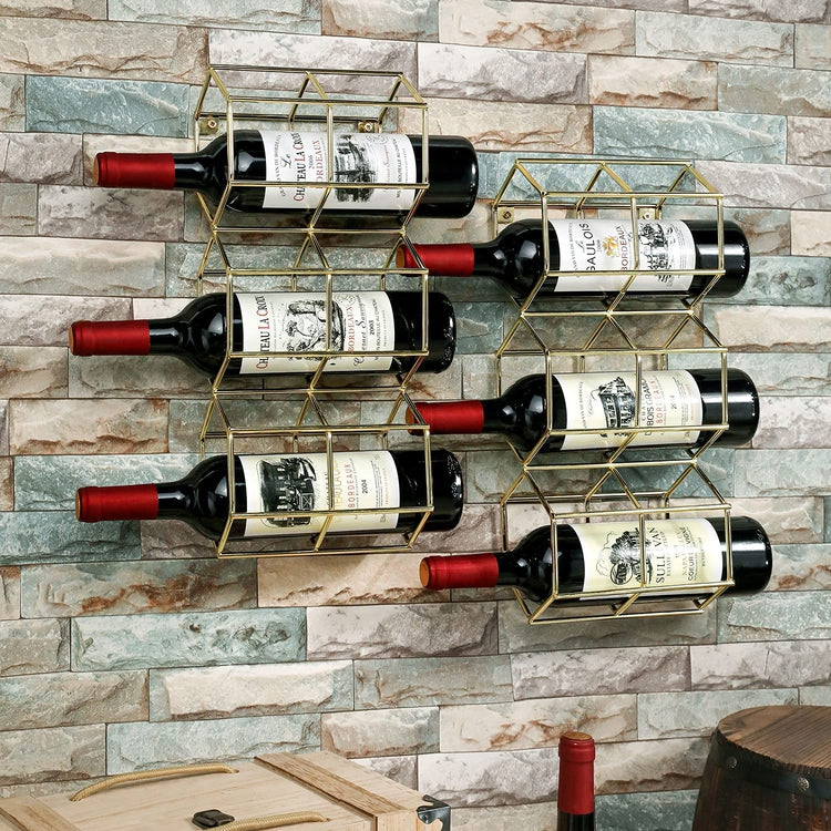 Brass Plated Metal Wire Hexagonal Wall Mounted Wine Bottle Display Rack, Set of 2