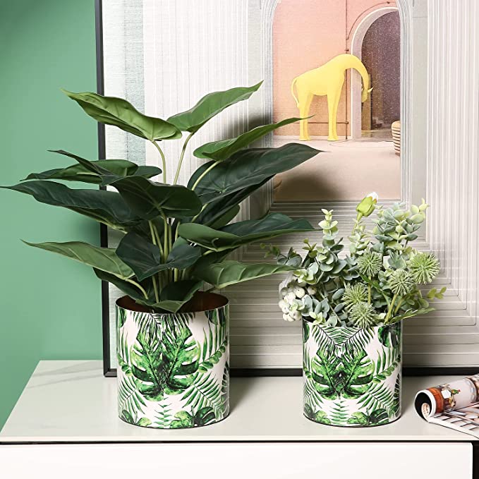metal pots for indoor plants Metal Flower Pot with Green Palm Leaf Design and Brass Tone Interior, 2 Piece Set