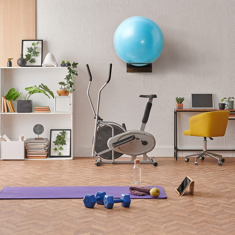 Burnt Wood, Black Metal Wire Wall Mounted Large Stability Ball Storage Rack, Yoga Studio and Gym Exercise Ball Organizer-MyGift